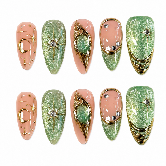 Sage Gold Celestial Nails | Almond Press-On Nails with Moon, Star & Rhinestone Details