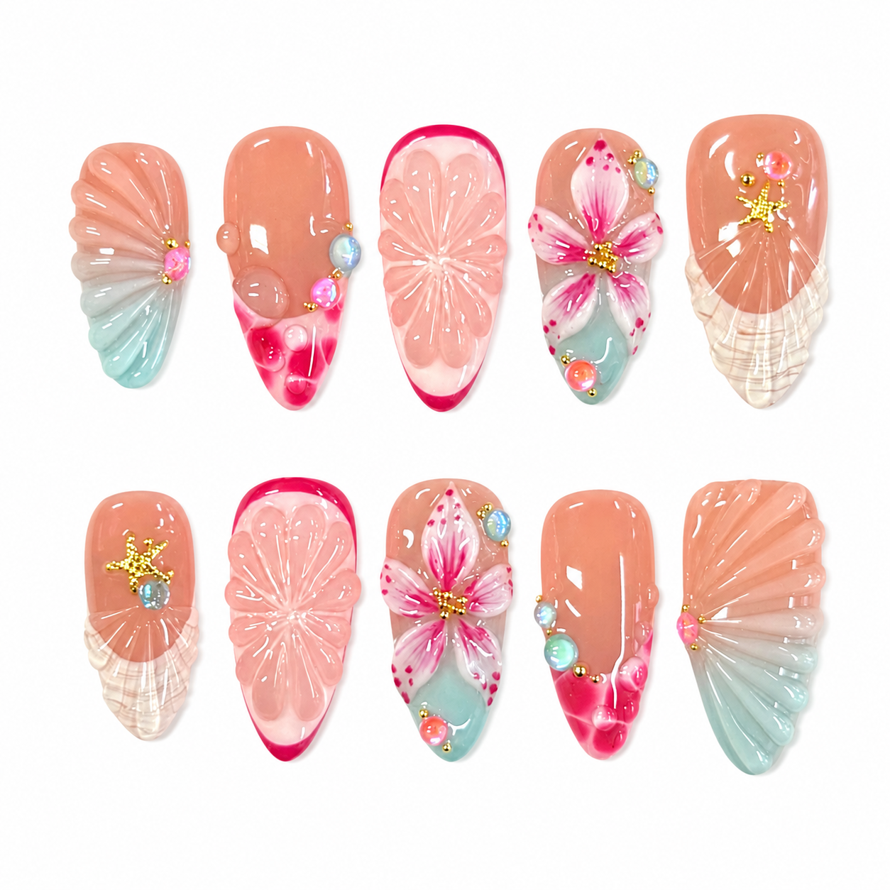 Mermaid Shell Flower Nails | Almond Press-On Nails with 3D Seashell, Starfish & Pearl Details