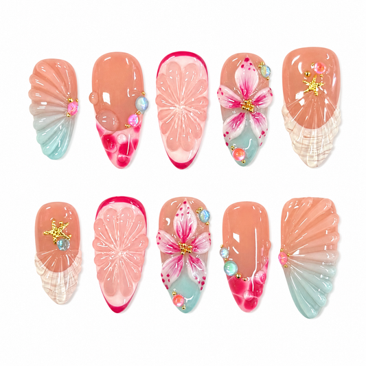 Mermaid Shell Flower Nails | Almond Press-On Nails with 3D Seashell, Starfish & Pearl Details