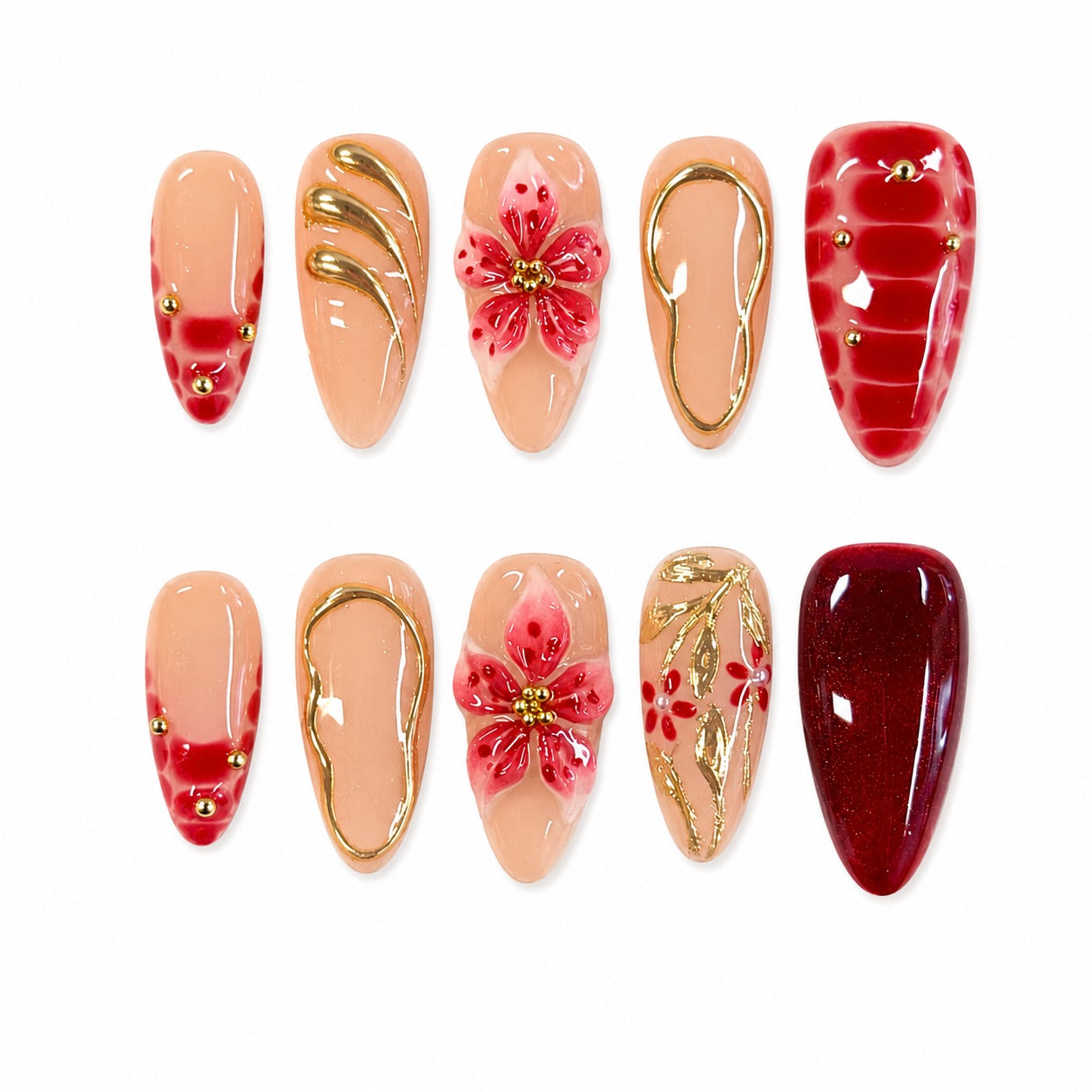 Red Bloom Gold Chrome Nails | Almond Press-On Nails with 3D Flower & Luxury Red French Details