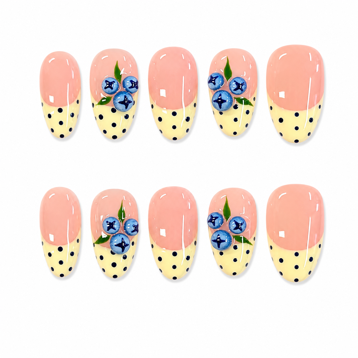 Blueberry Polka Dot French Nails | Almond Press-On Nails with 3D Berry & Yellow Tip Details