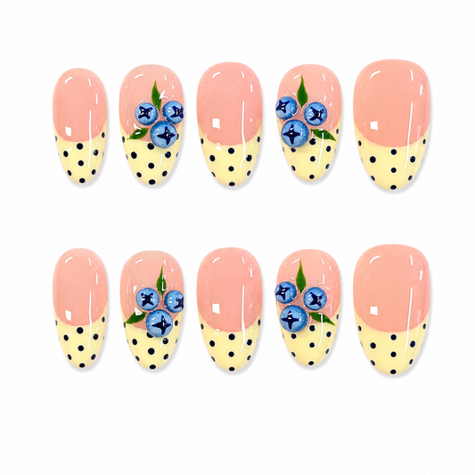 Blueberry Polka Dot French Nails | Almond Press-On Nails with 3D Berry & Yellow Tips