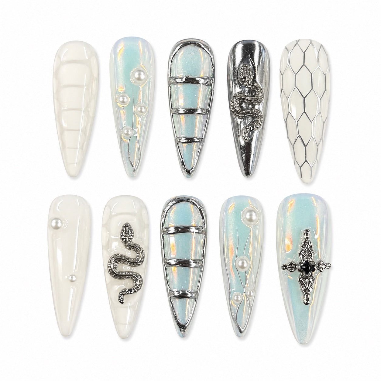 Pearl Serpent Chrome Nails | Long Stiletto Press-On Nails with Iridescent Blue & Silver Snake Details