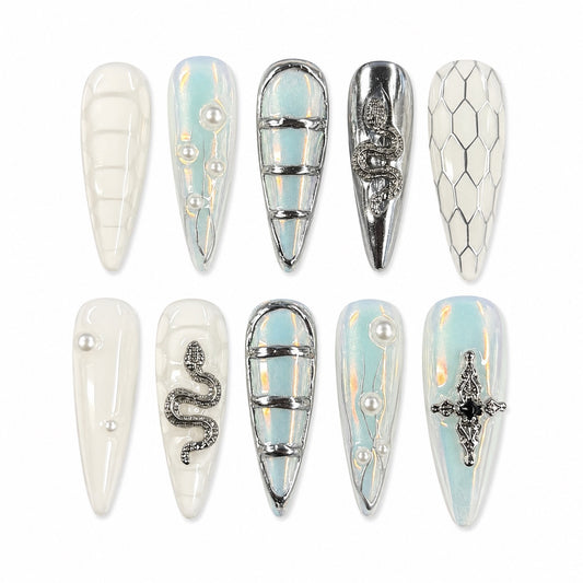 Pearl Serpent Chrome Nails | Long Stiletto Press-On Nails with Iridescent Blue & Silver Snake Details