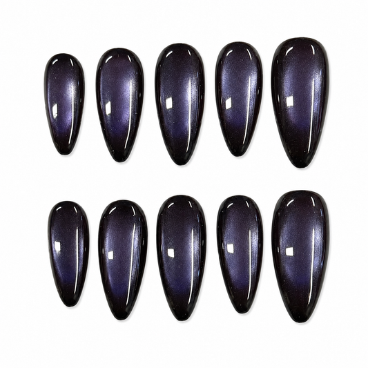 Black Purple Cat Eye Nails | Long Almond Magnetic Press-On Nails