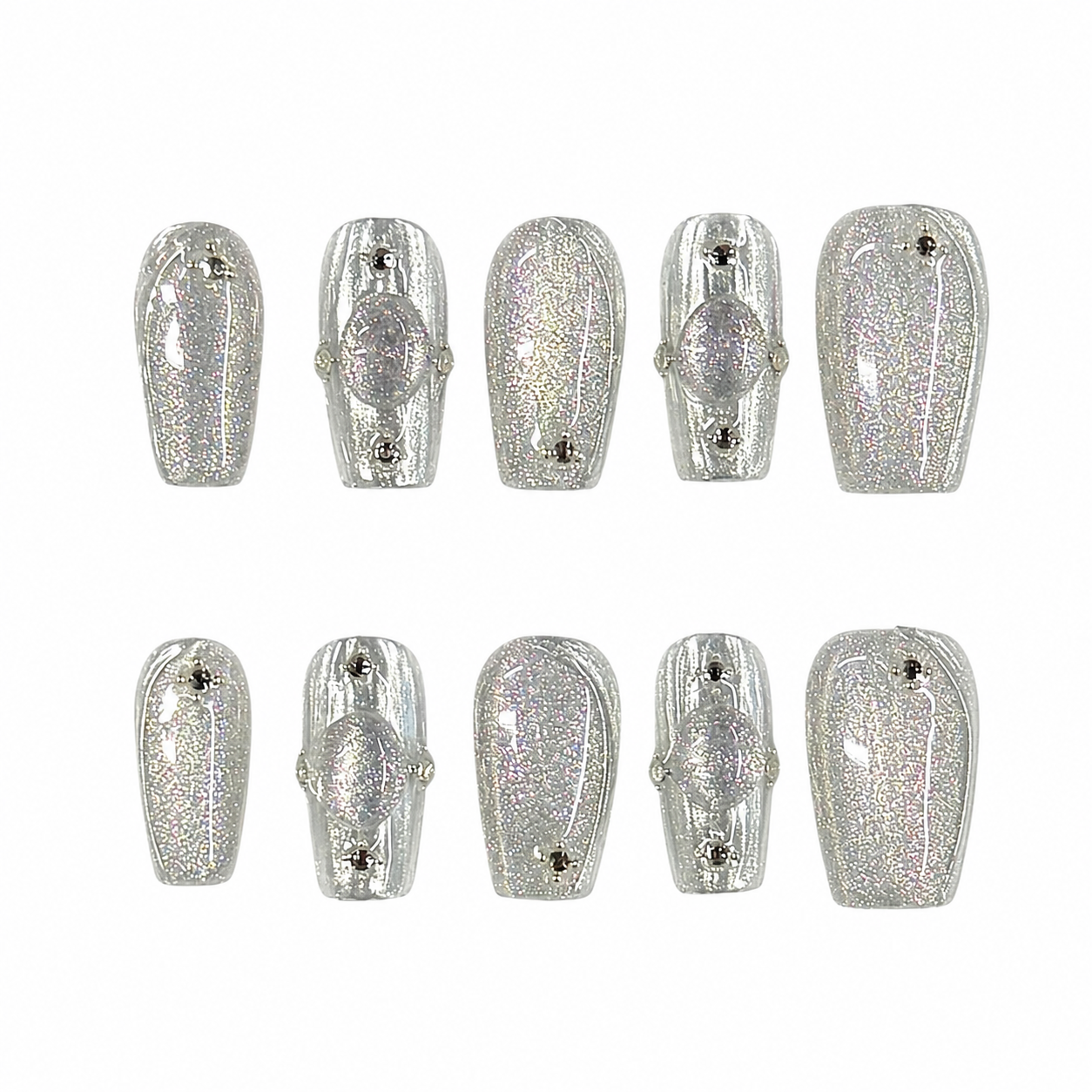 Silver Holographic Gem Nails | Short Coffin Press-On Nails with Crystal Stone & Metallic Details