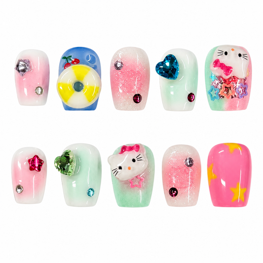 Kawaii Candy Pop Nails | Short Square Press-On Nails with 3D Kitty, Hearts & Star Charms