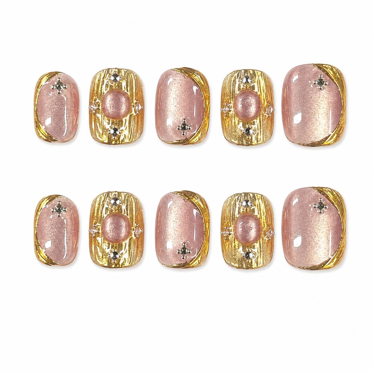Rose Gold Royal Pearl Nails | Short Square Press-On Nails with Gold Chrome Frame & Rhinestone Details