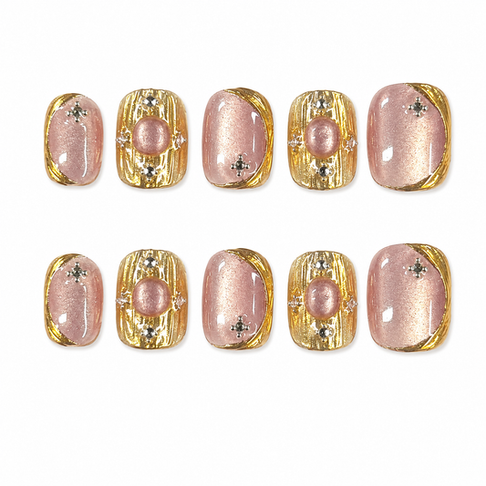 Rose Gold Royal Pearl Nails | Short Square Press-On Nails with Gold Chrome Frame & Rhinestone Details