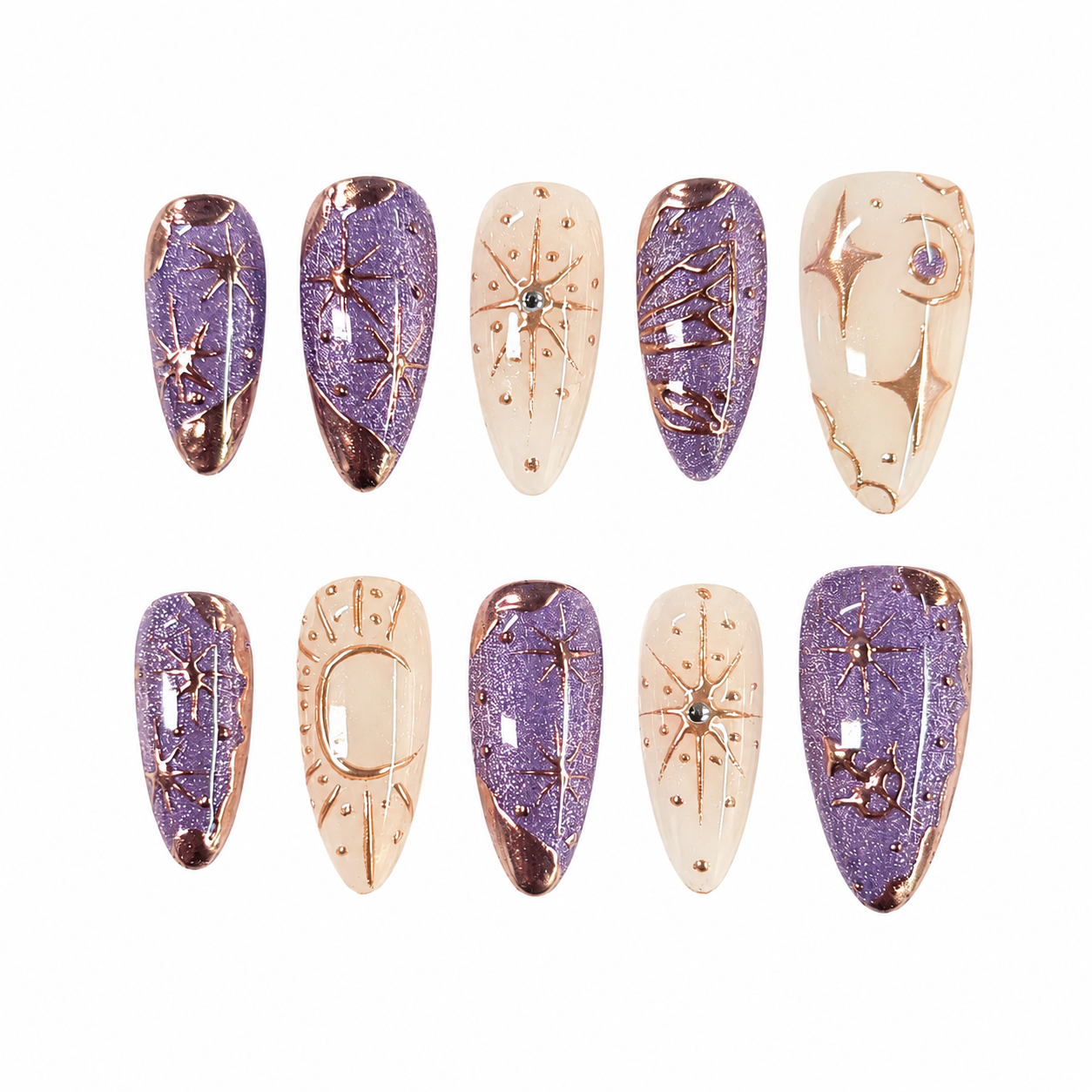 Purple Rose Gold Celestial Nails | Almond Press-On Nails with Star, Moon & Chrome Details