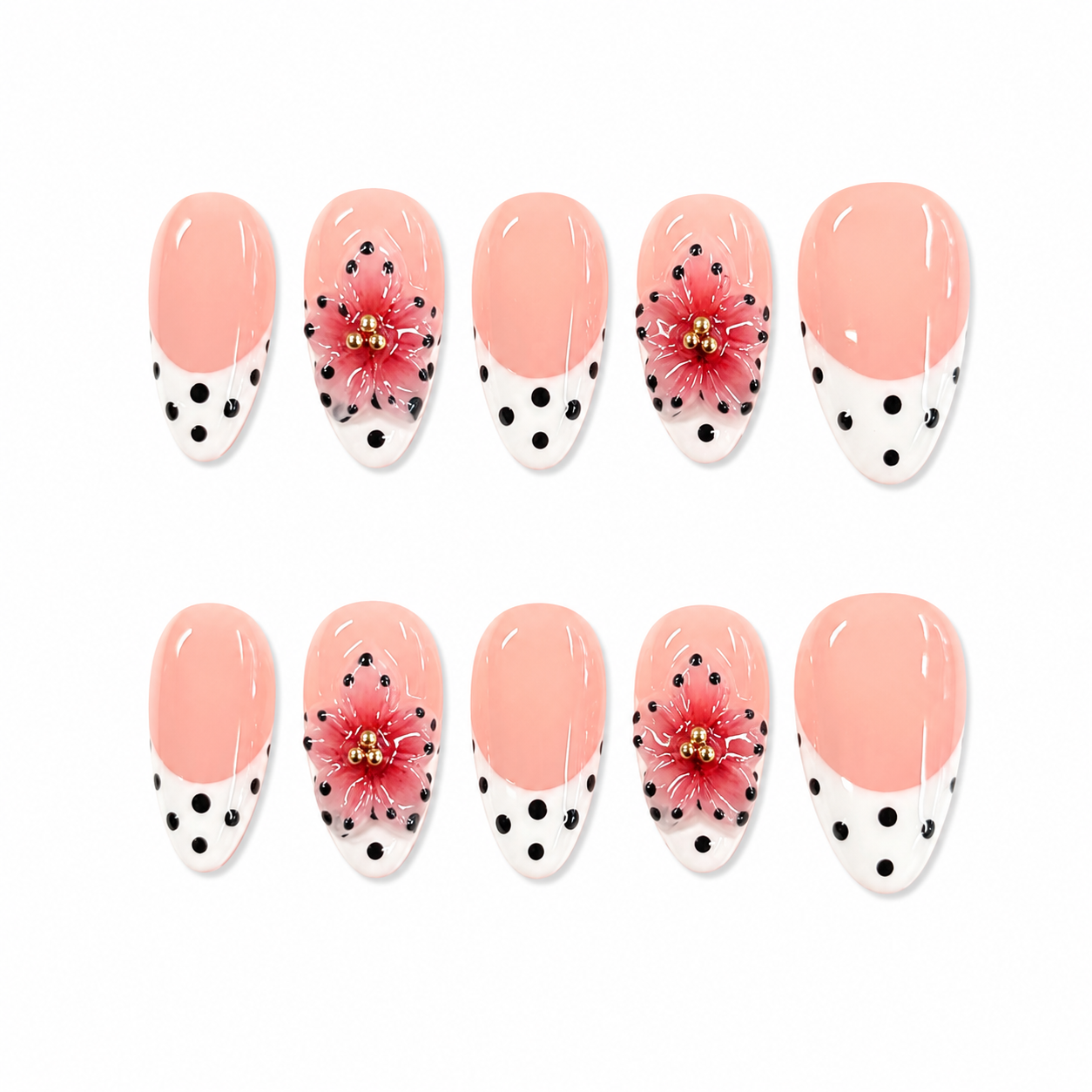 Pink Polka Dot Floral French Nails | Almond Press-On Nails with 3D Red Flower & Gold Beads