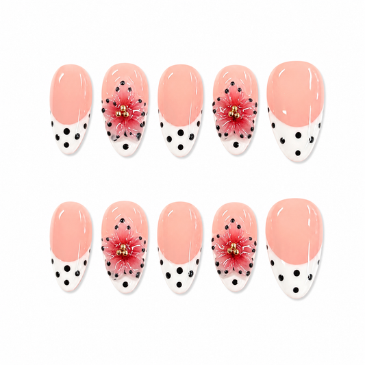 Pink Polka Dot Floral French Nails | Almond Press-On Nails with 3D Red Flower & Gold Beads