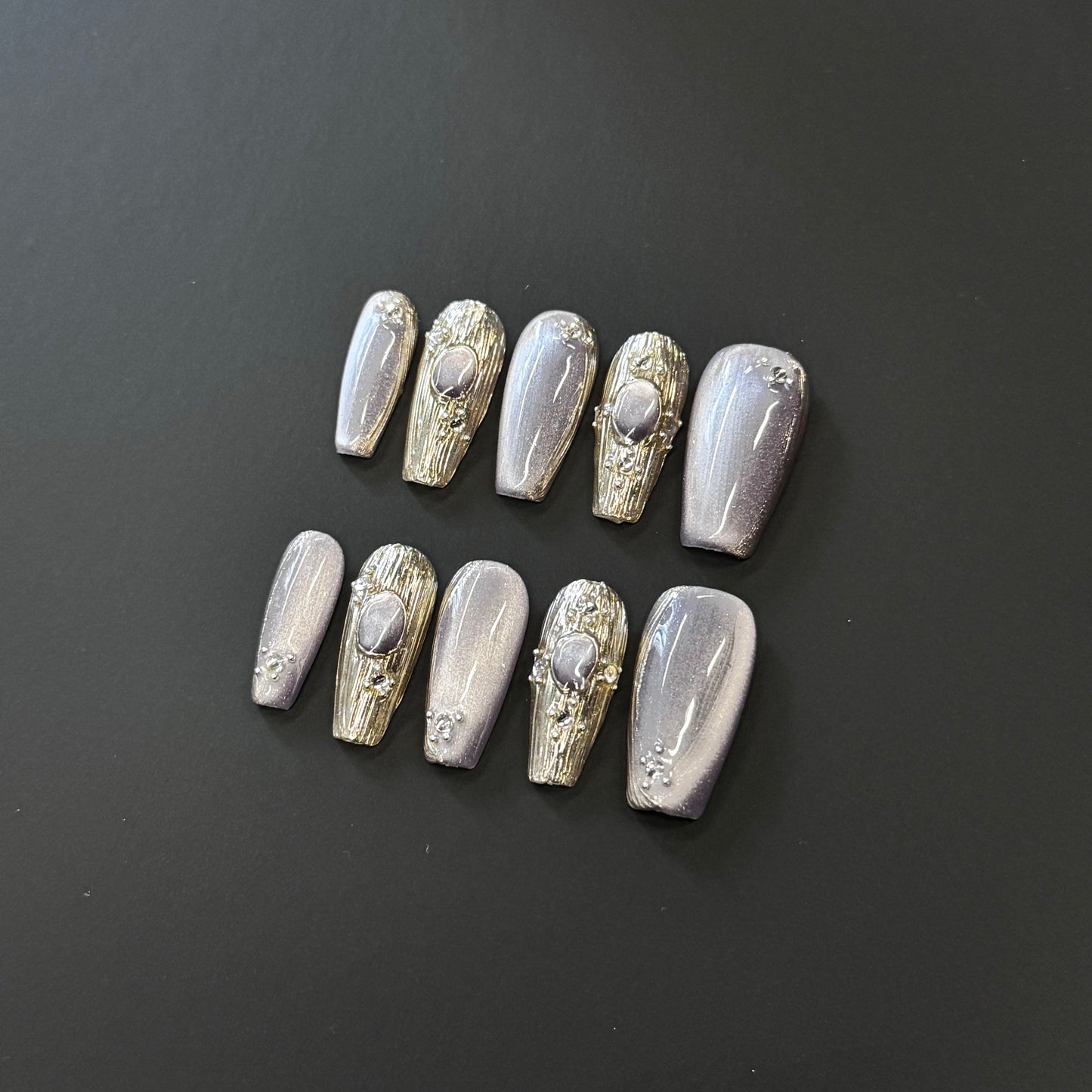 Lavender Gold Gemstone Nails - Long Coffin Press-On Nails with Cat Eye Shimmer and Rhinestone Details