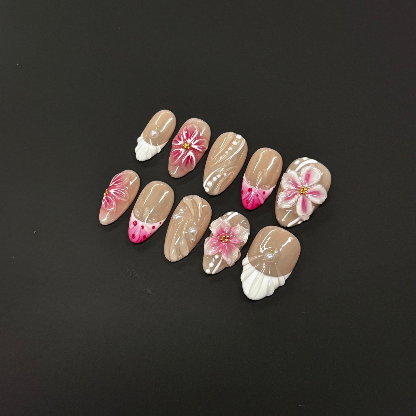 Pink Blossom Pearl Nails - Nude Floral Press-On Nails with 3D Flower and Shell Tips