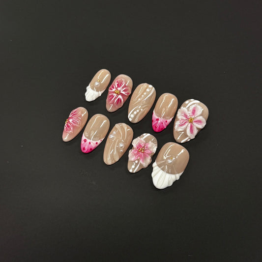 Pink Blossom Pearl Nails - Nude Floral Press-On Nails with 3D Flower and Shell Tips