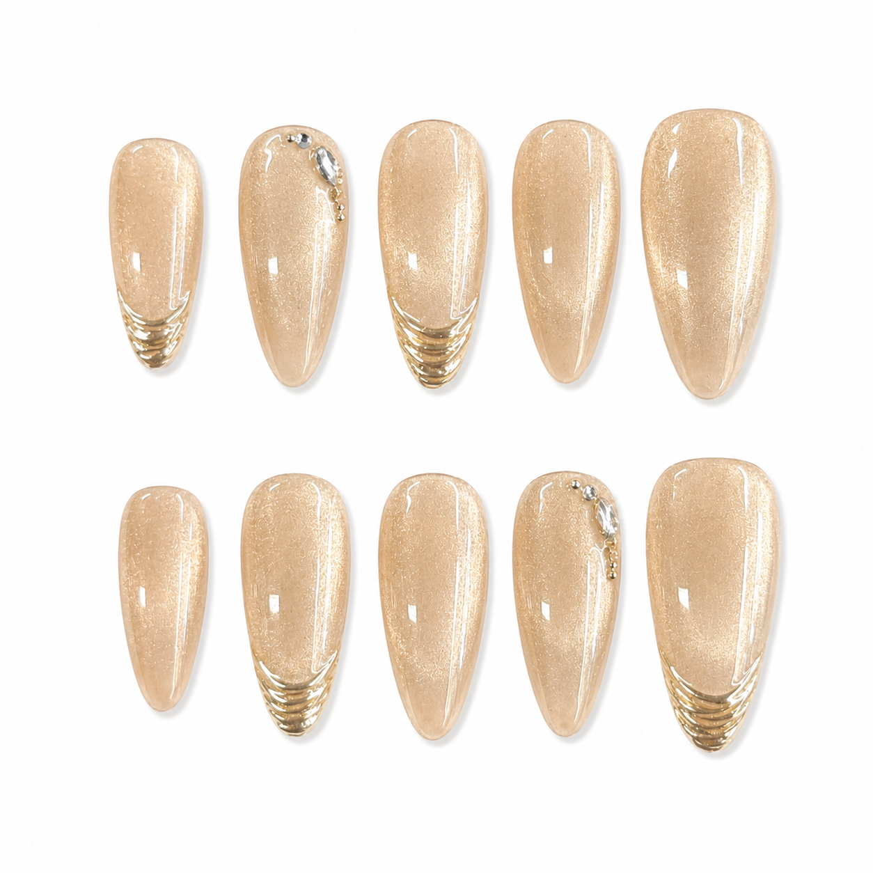 Champagne Cat Eye French Nails | Almond Press-On Nails with Gold Chrome Tips & Rhinestone Accents