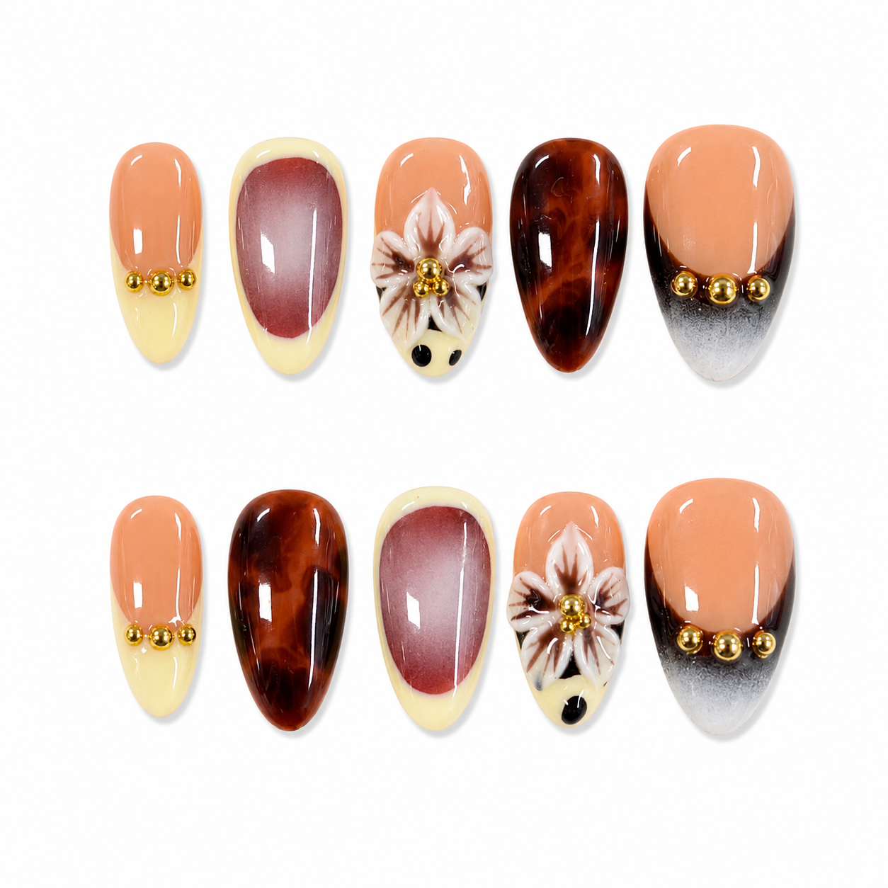 Tortoise Bloom French Nails | Almond Press-On Nails with 3D Flower, Gold Beads & Ombré Tips