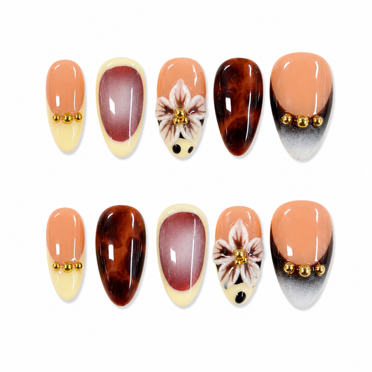 Tortoise Bloom French Nails | Almond Press-On Nails with 3D Flower, Gold Beads & Ombré Tips