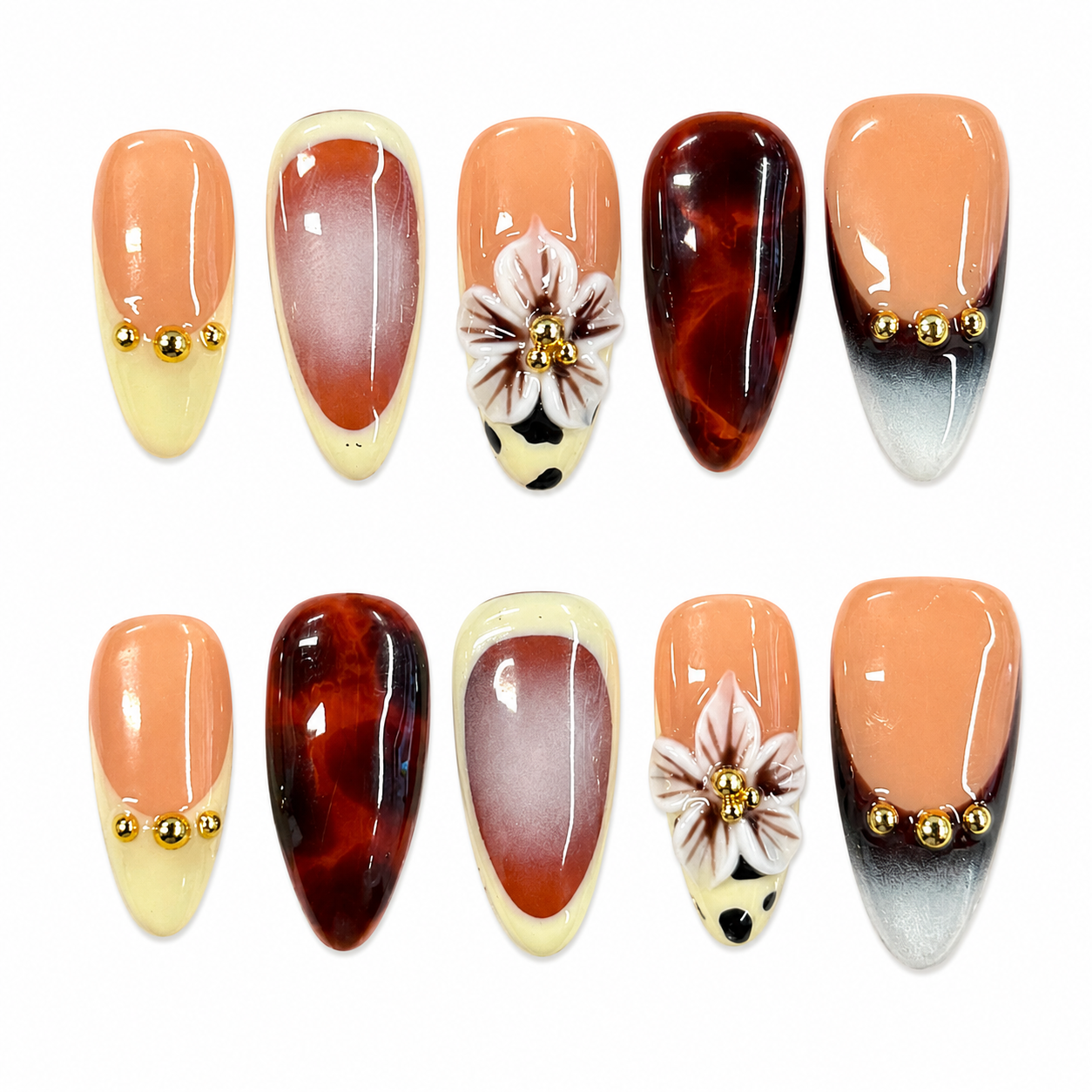 Tortoise Floral French Nails | Almond Brown Nude Press-On Nails with 3D Flower & Gold Beads