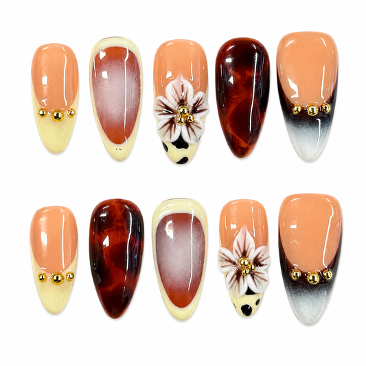 Tortoise Floral French Nails | Almond Brown Nude Press-On Nails with 3D Flower & Gold Beads