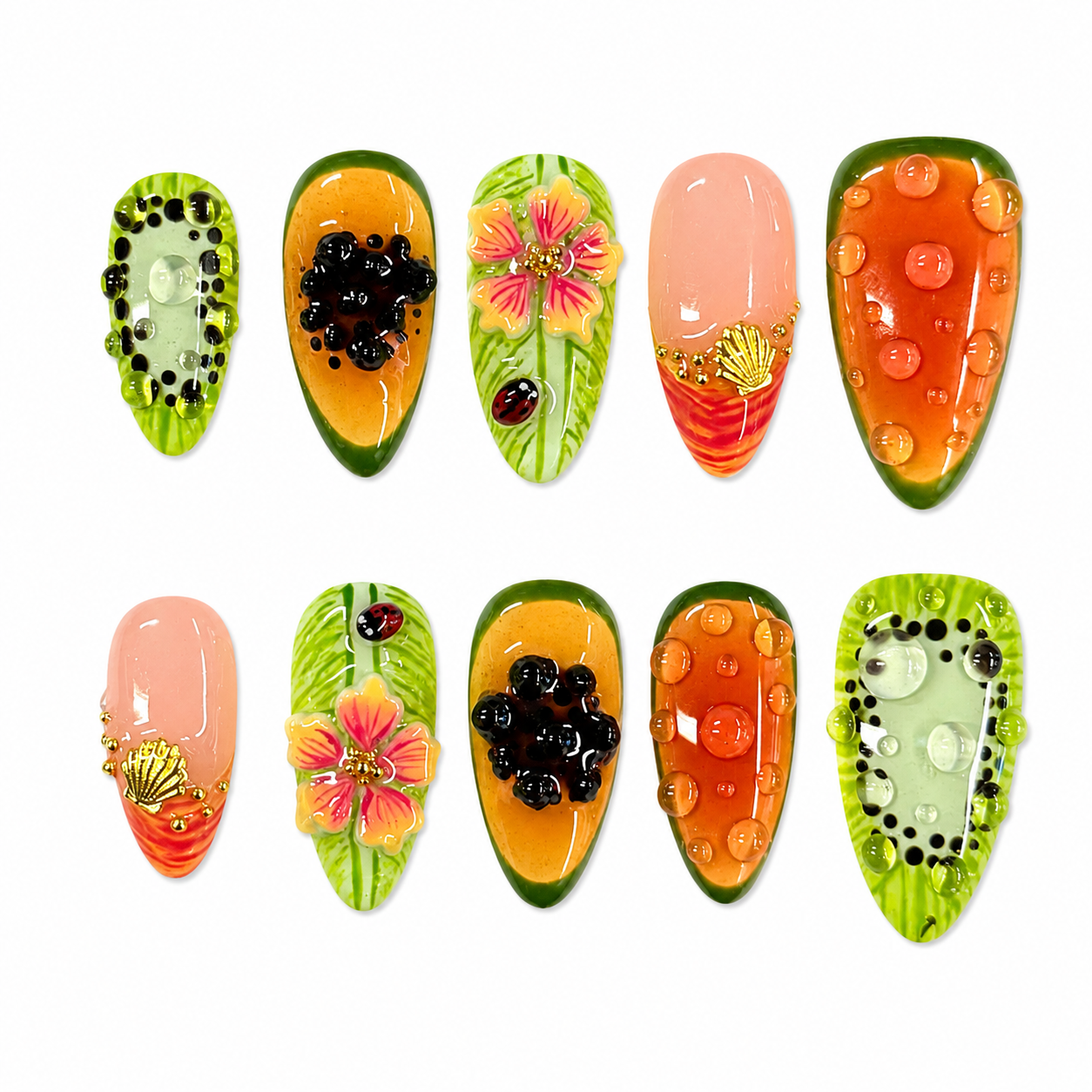 Tropical Fruit Garden Nails | Almond Press-On Nails with 3D Flower, Kiwi, Papaya & Ladybug Details
