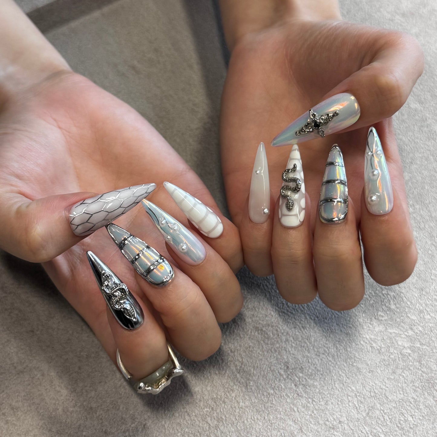 Pearl Serpent Chrome Nails | Long Stiletto Press-On Nails with Iridescent Blue & Silver Snake Details