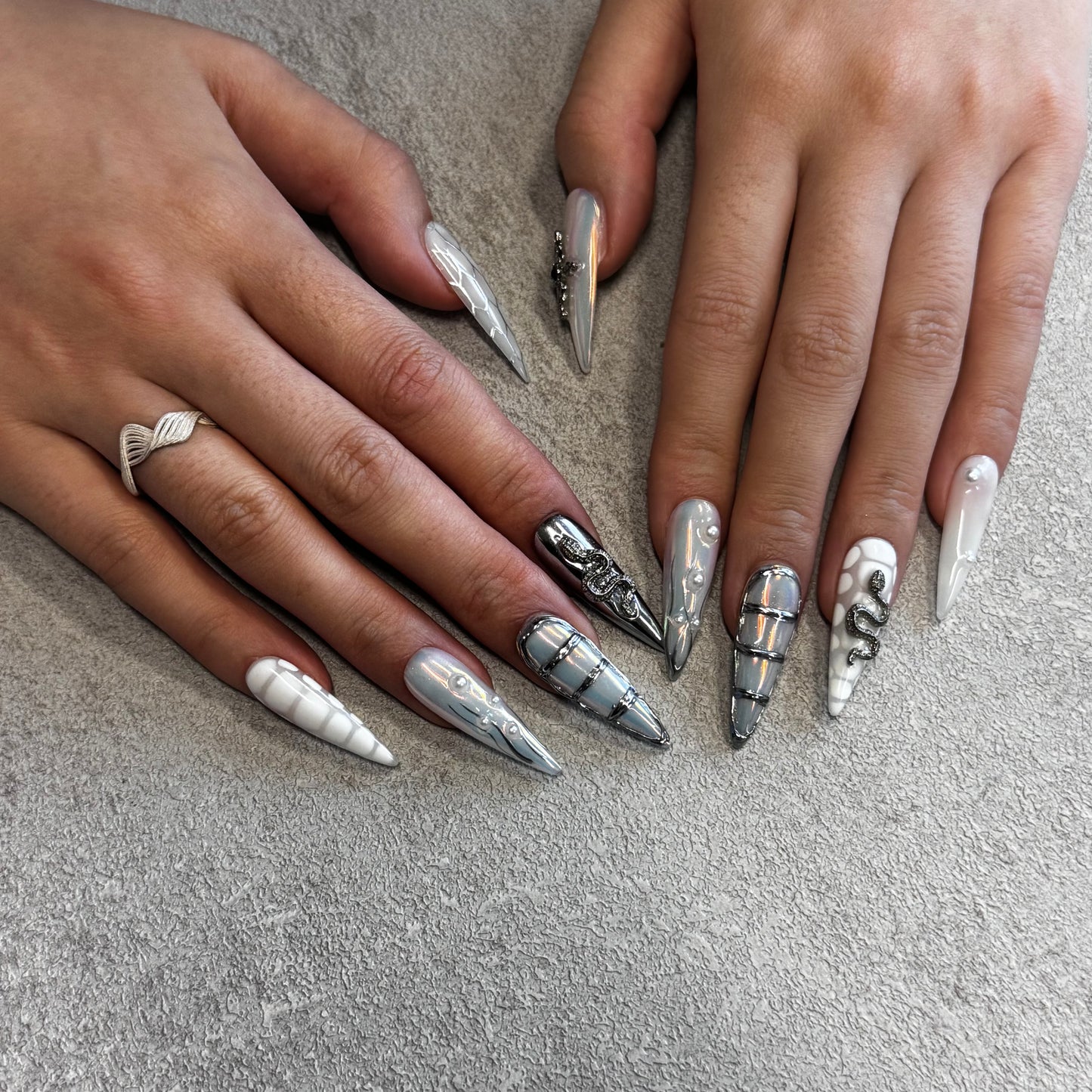 Pearl Serpent Chrome Nails | Long Stiletto Press-On Nails with Iridescent Blue & Silver Snake Details