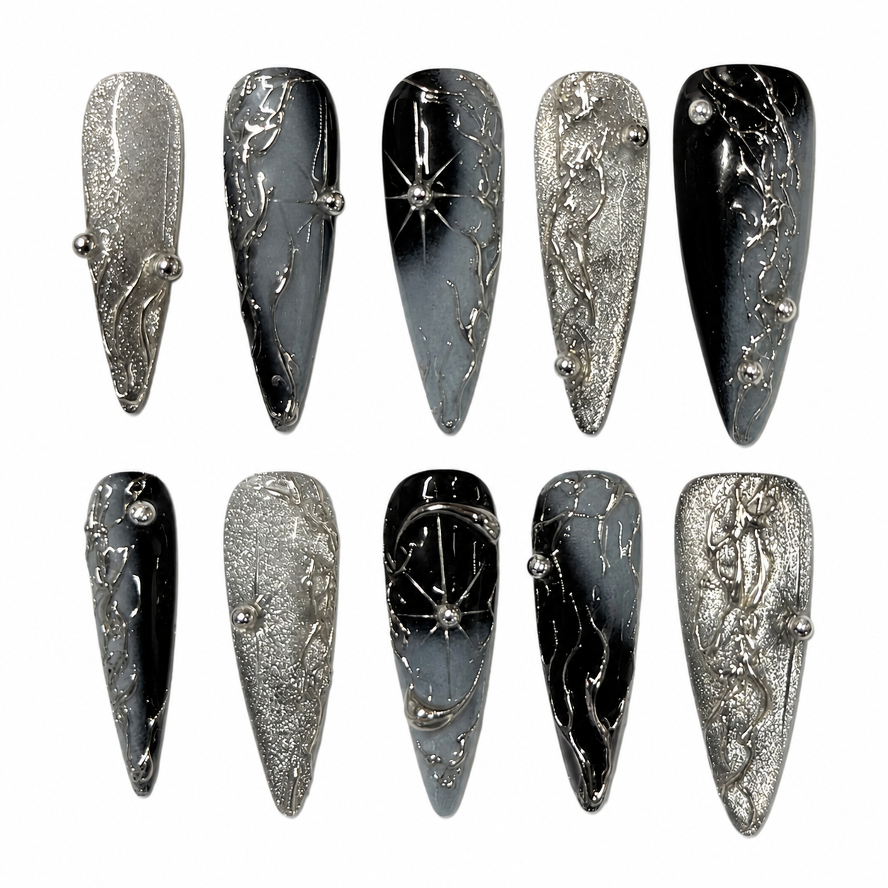 Midnight Silver-Gray Embossed Starburst Stiletto Press-On Nails