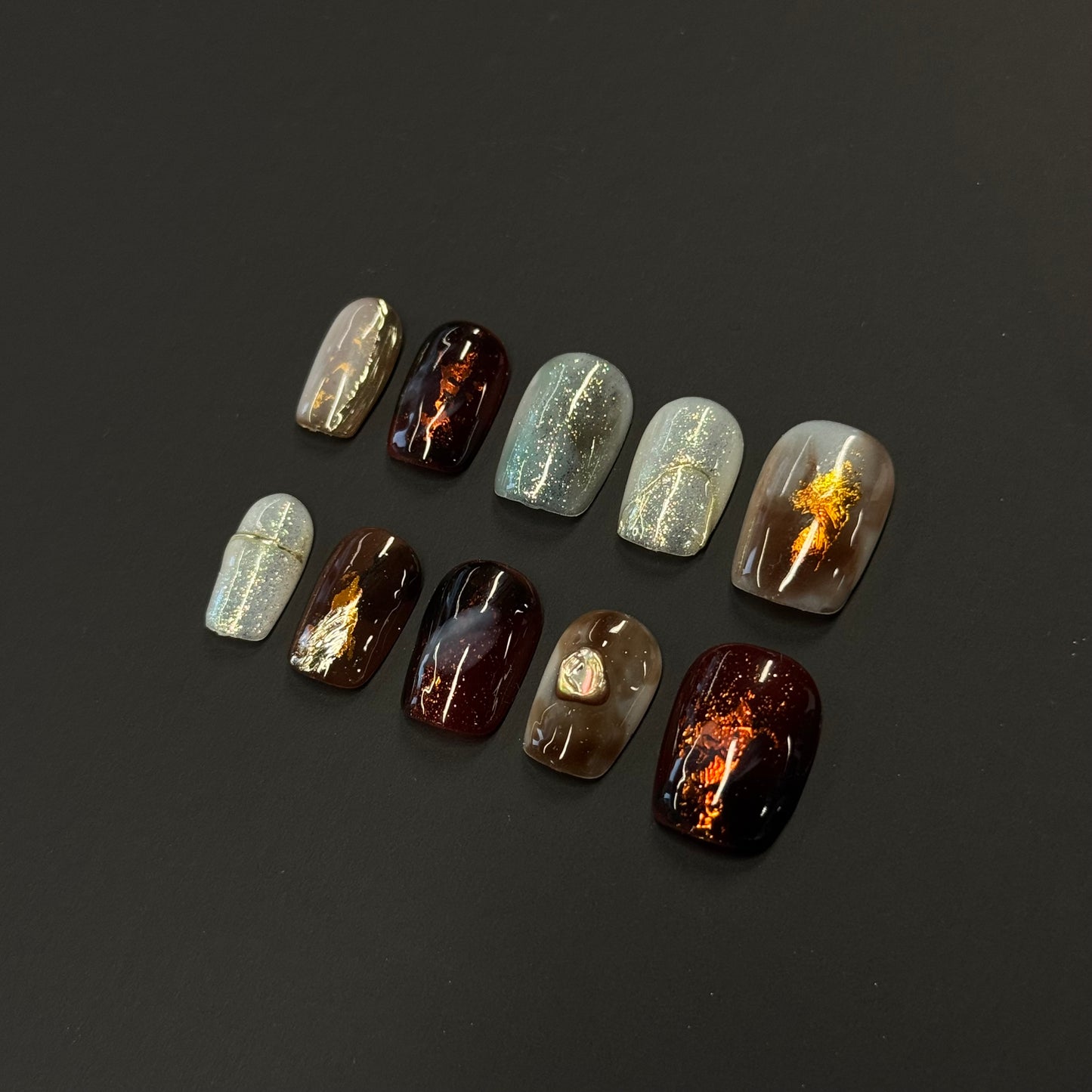 Ruby Mocha Marble Nails | Short Square Press-On Nails with Gold Foil & Abstract Stone Details