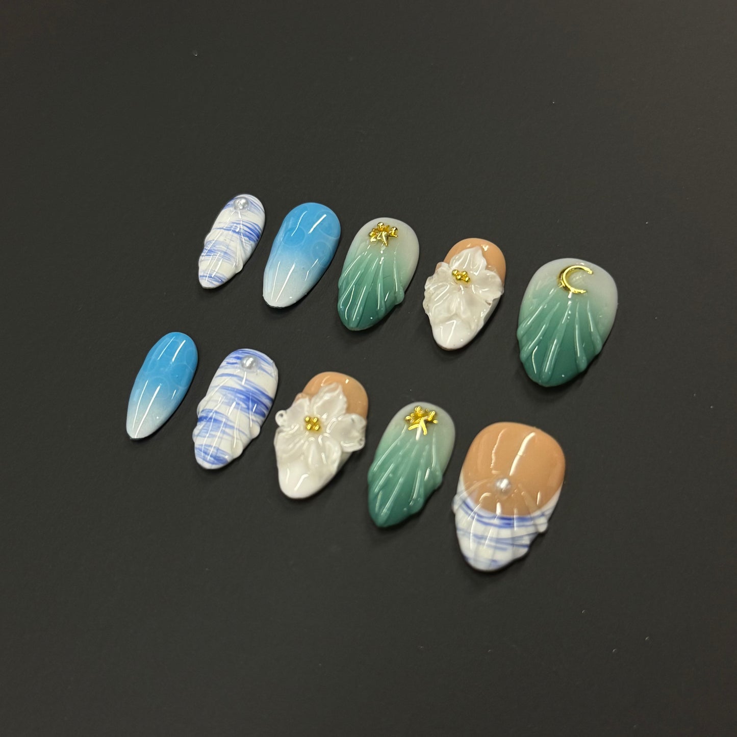 Ocean Bloom Mermaid Nails - Almond Press-On Nails with Shell Texture, 3D Flower and Gold Charms
