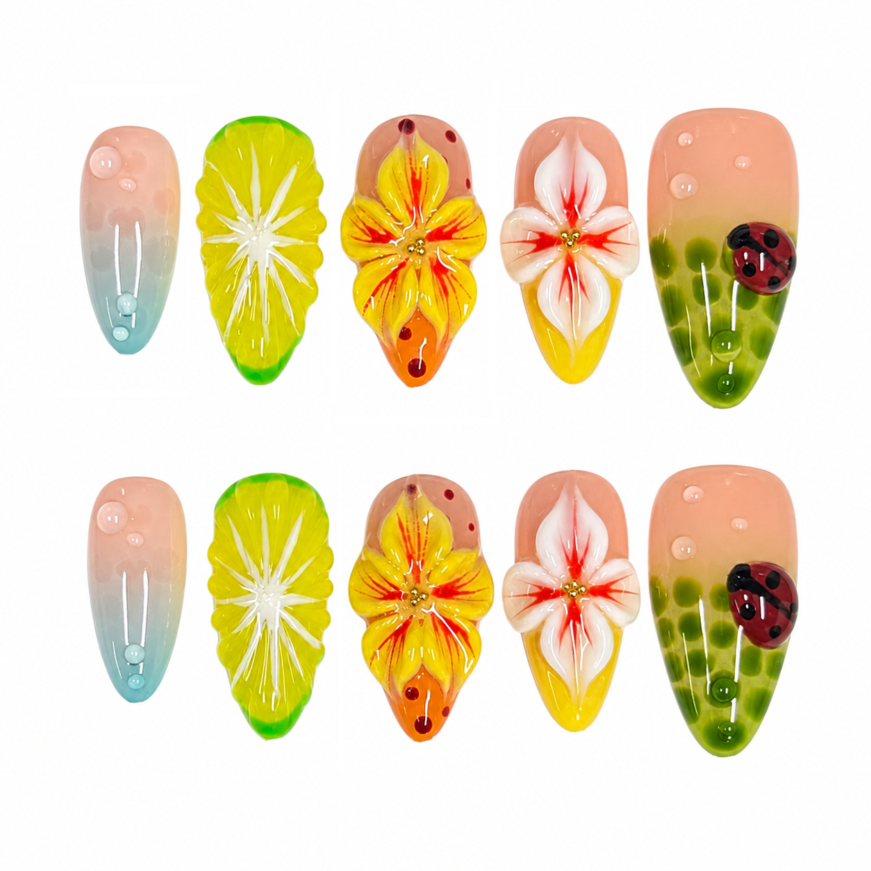 Citrus Garden – 3D Floral Ladybug Press-On Nails