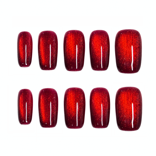 Ruby Ember – Red Cat Eye Glitter Press-On Nails