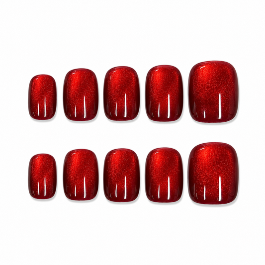 Ruby Cat-Eye Glitter Short Square Press-On Nails