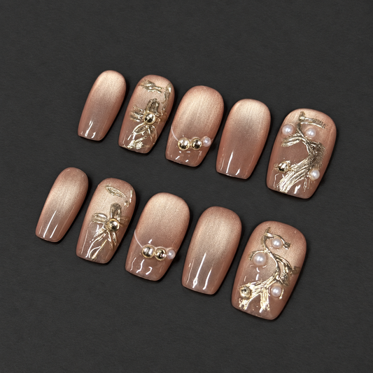 Rose Whisper – Rose Gold Pearl Floral Press-On Nails