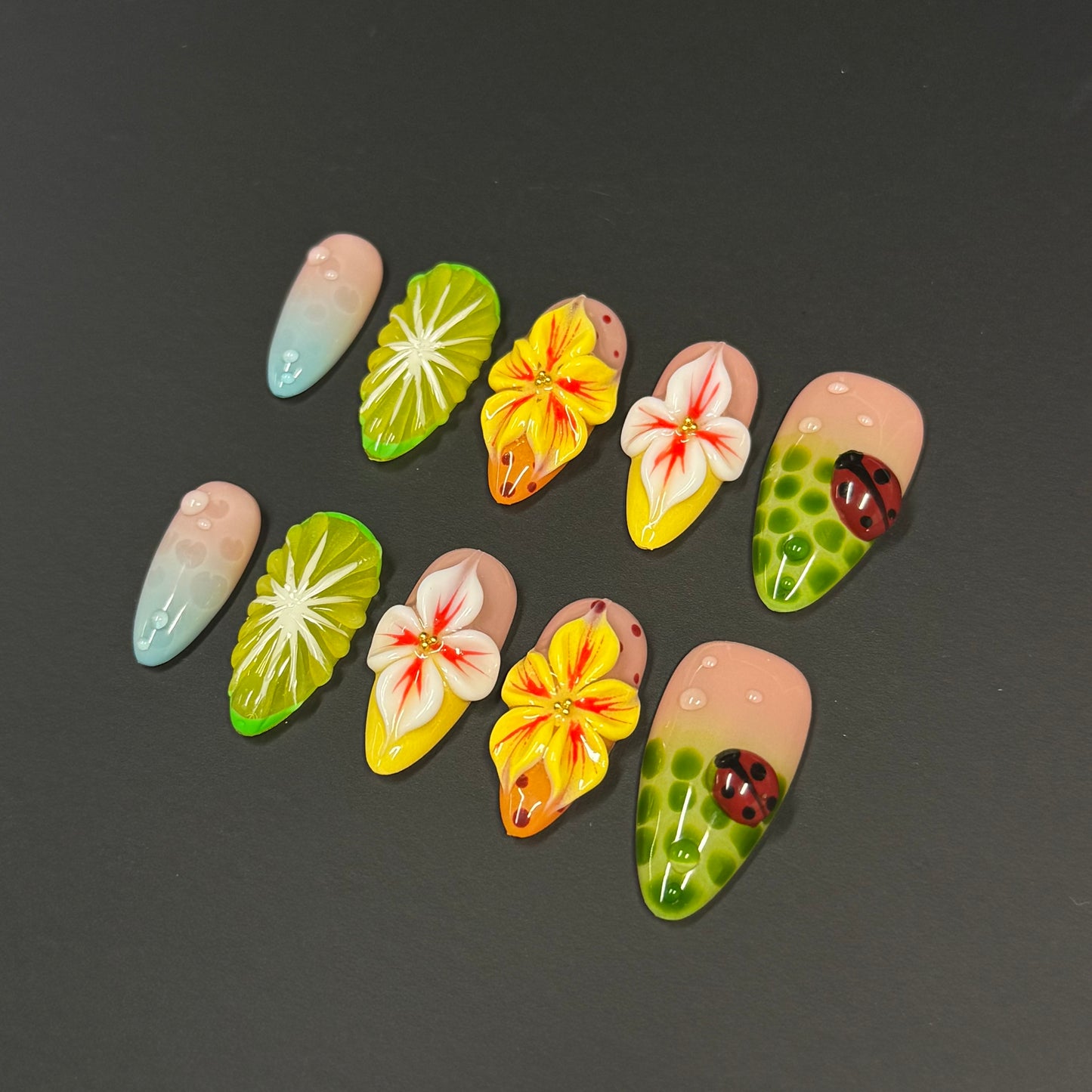 Citrus Garden – 3D Floral Ladybug Press-On Nails