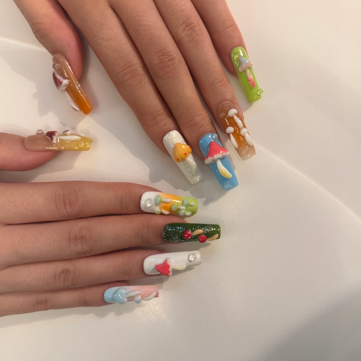 Whimsical Mushroom Garden Nails | Long Coffin Press-On Nails with 3D Fairycore Mushroom Details