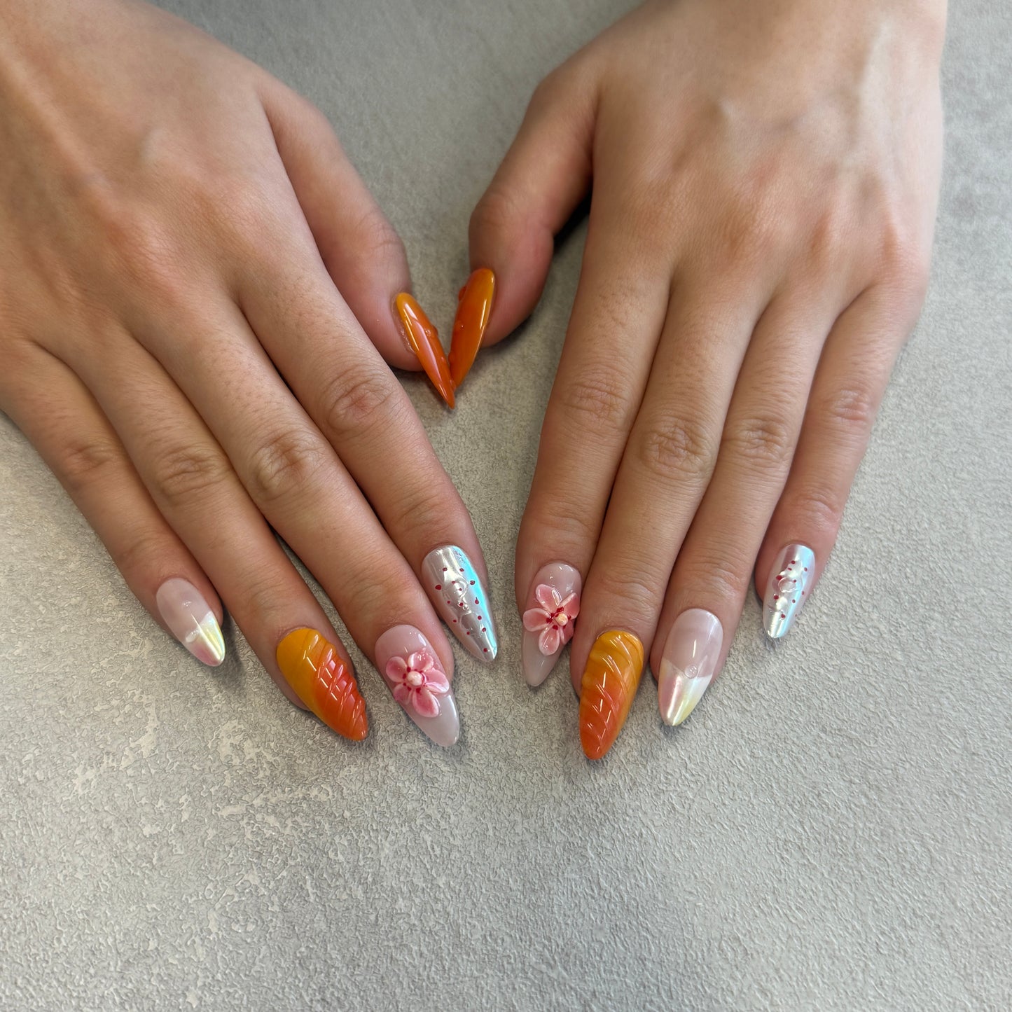 Orange Blossom Jelly Nails | Almond Press-On Nails with 3D Pink Flower & Citrus Aura Details
