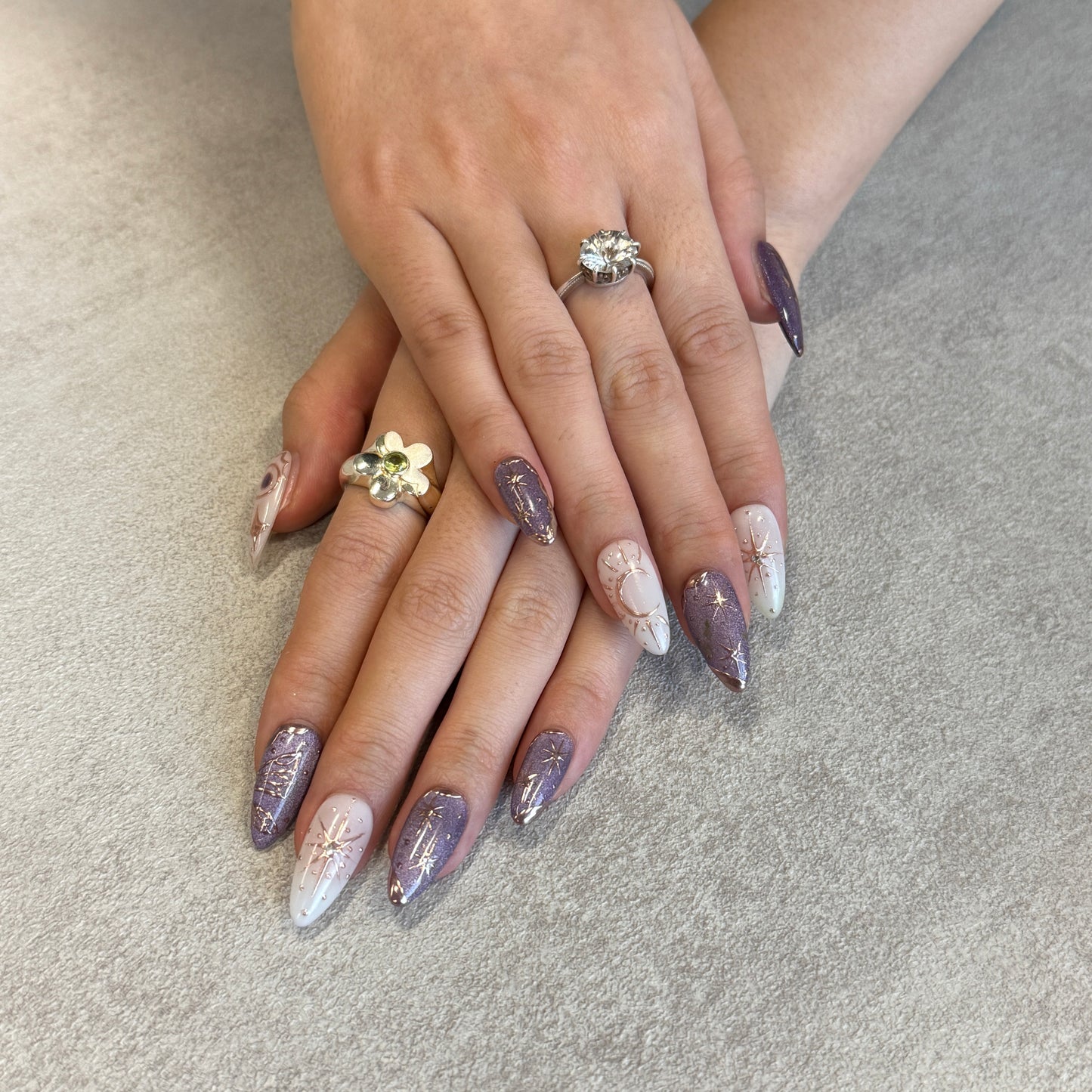 Purple Rose Gold Celestial Nails | Almond Press-On Nails with Star, Moon & Chrome Details
