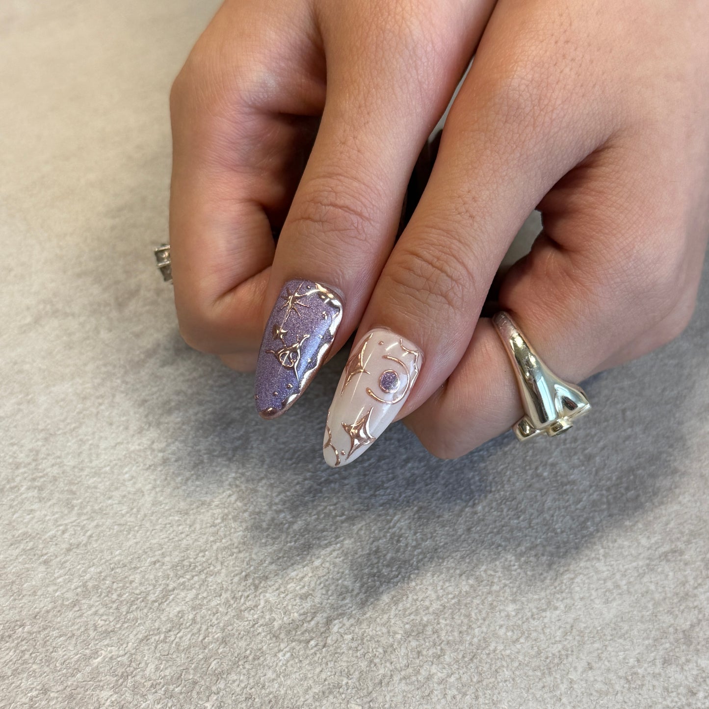 Purple Rose Gold Celestial Nails | Almond Press-On Nails with Star, Moon & Chrome Details