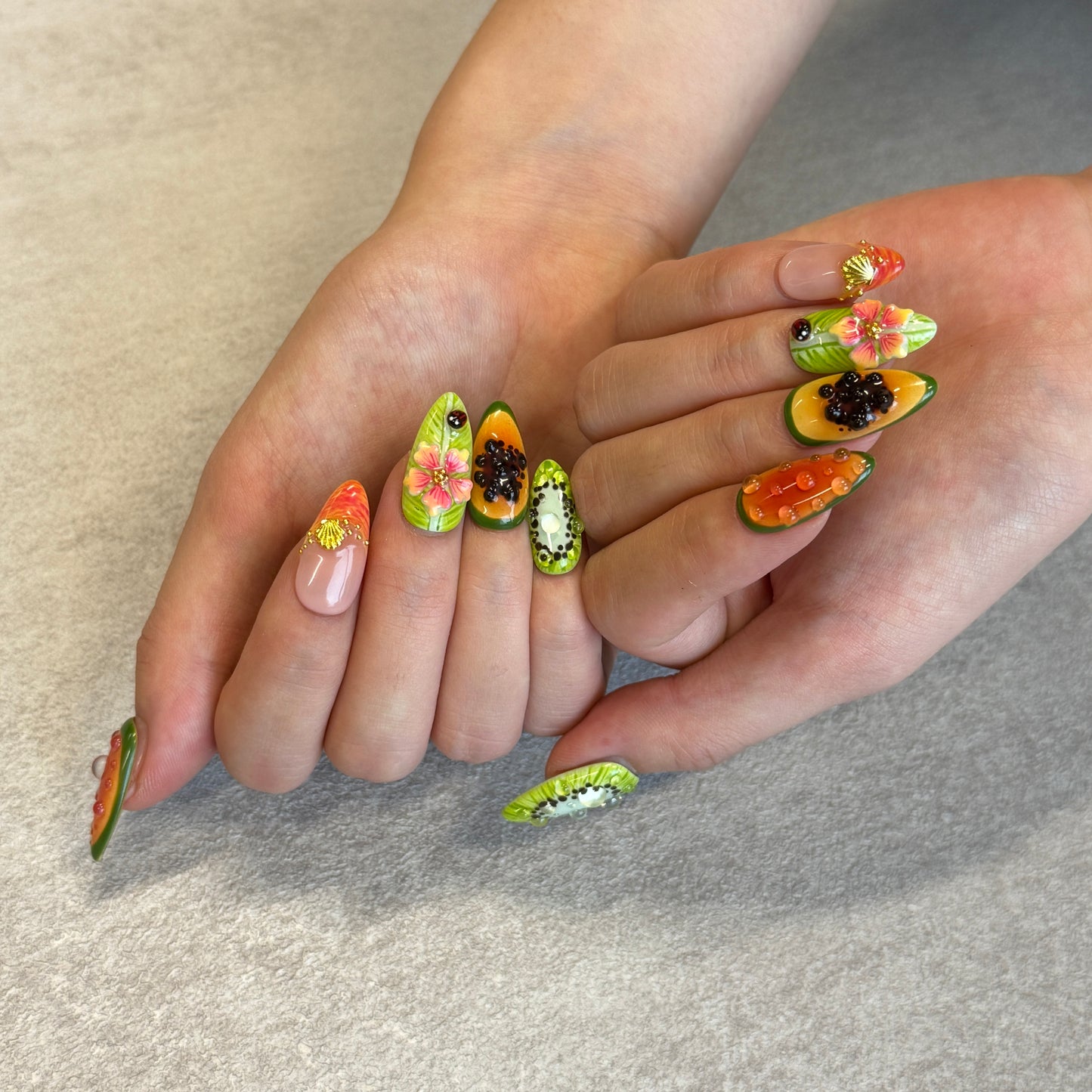 Tropical Fruit Garden Nails | Almond Press-On Nails with 3D Flower, Kiwi, Papaya & Ladybug Details