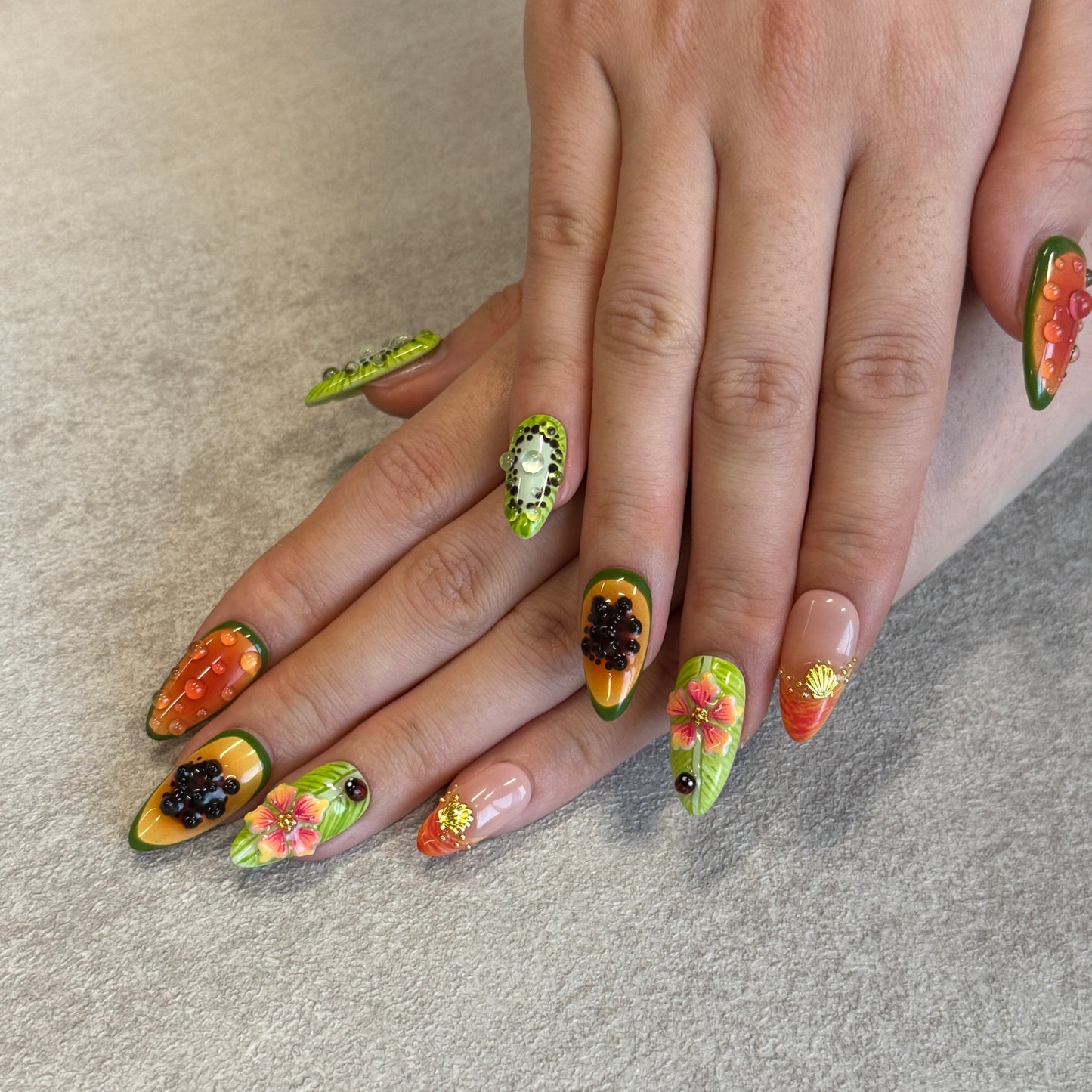 Tropical Fruit Garden Nails | Almond Press-On Nails with 3D Flower, Kiwi, Papaya & Ladybug Details