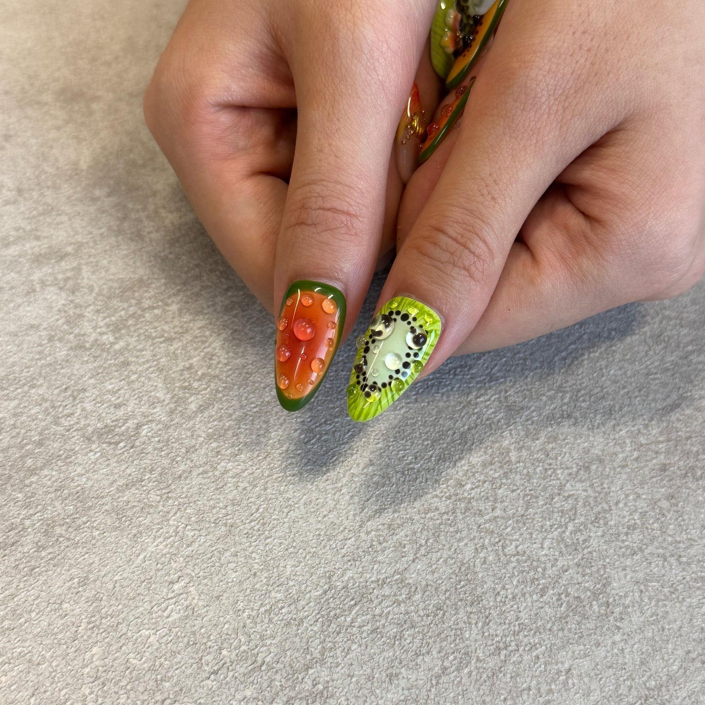 Tropical Fruit Garden Nails | Almond Press-On Nails with 3D Flower, Kiwi, Papaya & Ladybug Details
