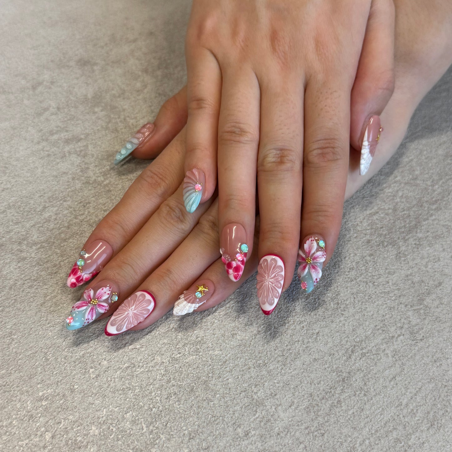 Mermaid Shell Flower Nails | Almond Press-On Nails with 3D Seashell, Starfish & Pearl Details