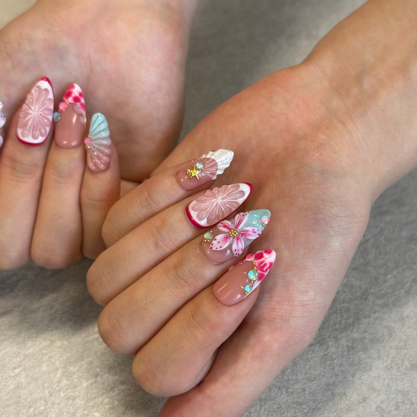 Mermaid Shell Flower Nails | Almond Press-On Nails with 3D Seashell, Starfish & Pearl Details