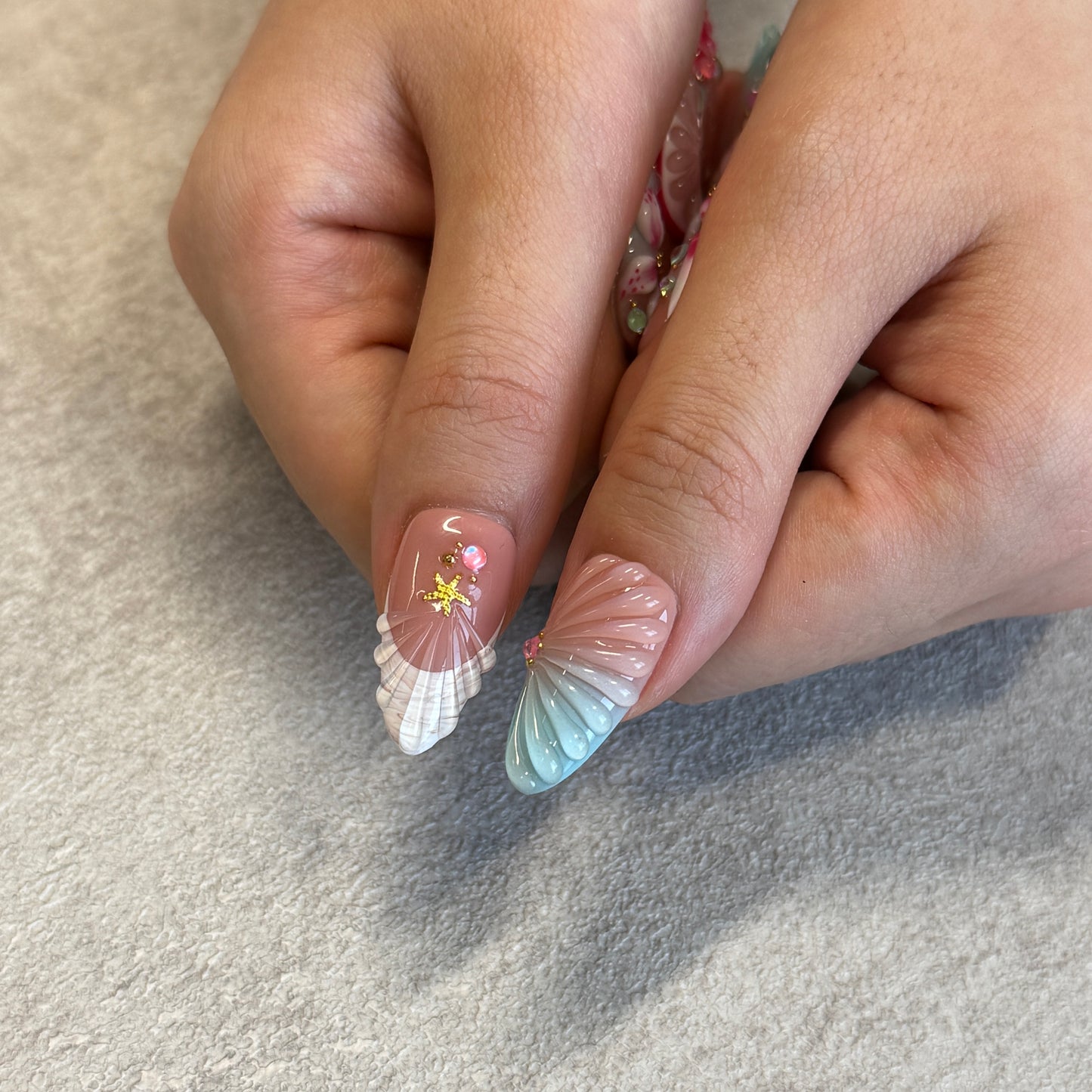 Mermaid Shell Flower Nails | Almond Press-On Nails with 3D Seashell, Starfish & Pearl Details