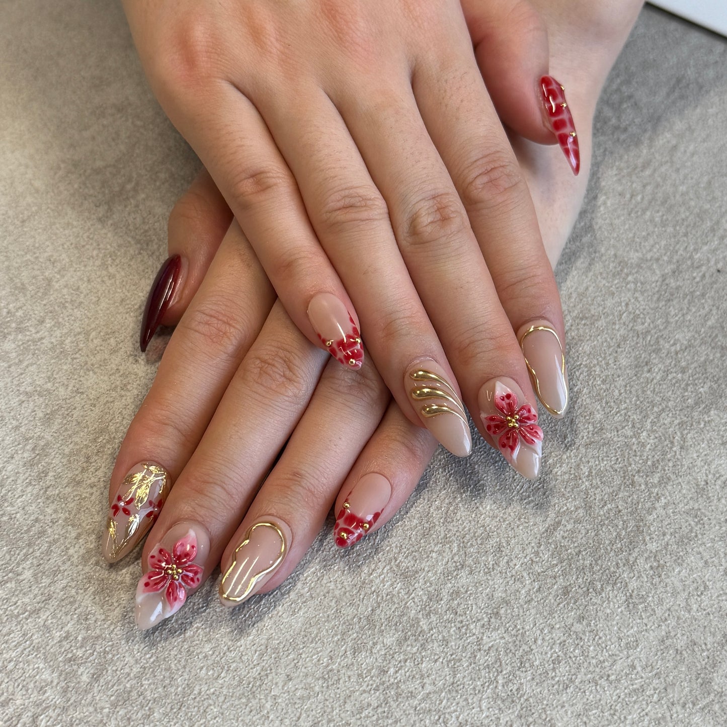 Red Bloom Gold Chrome Nails | Almond Press-On Nails with 3D Flower & Luxury Red French Details