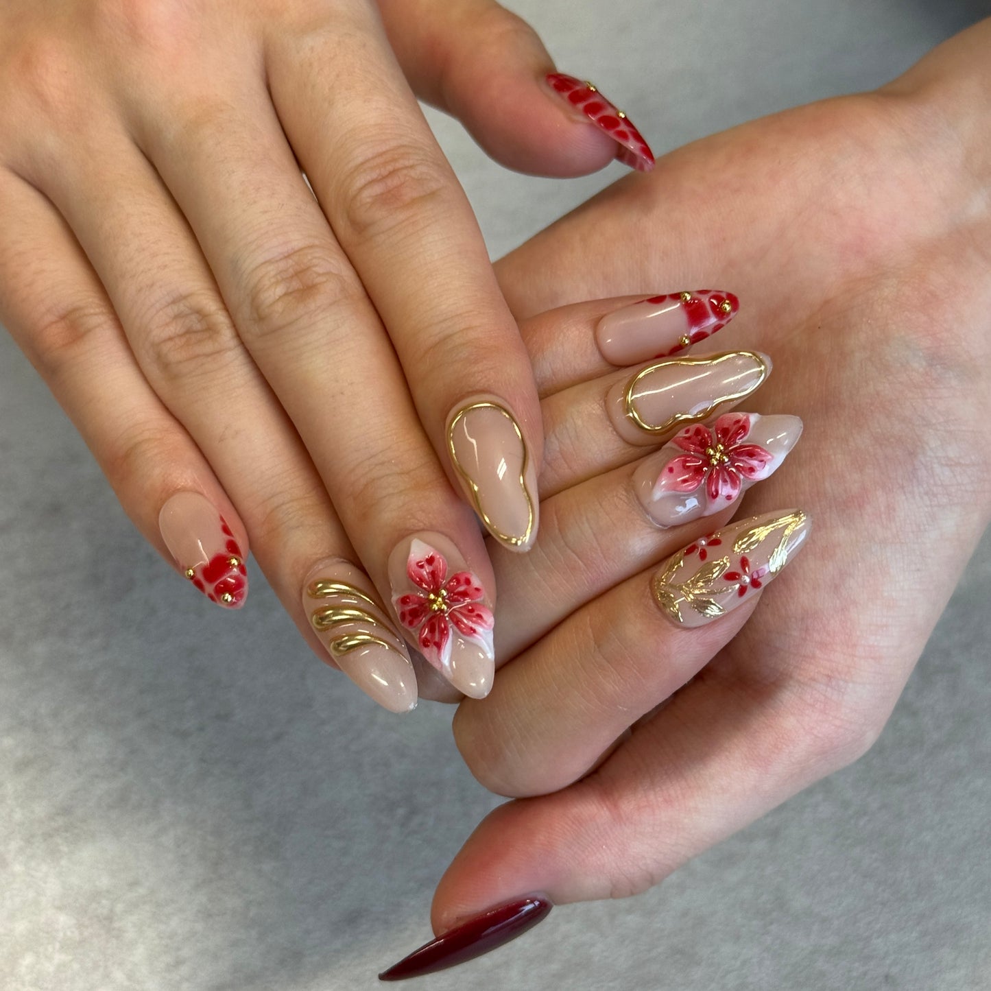 Red Bloom Gold Chrome Nails | Almond Press-On Nails with 3D Flower & Luxury Red French Details