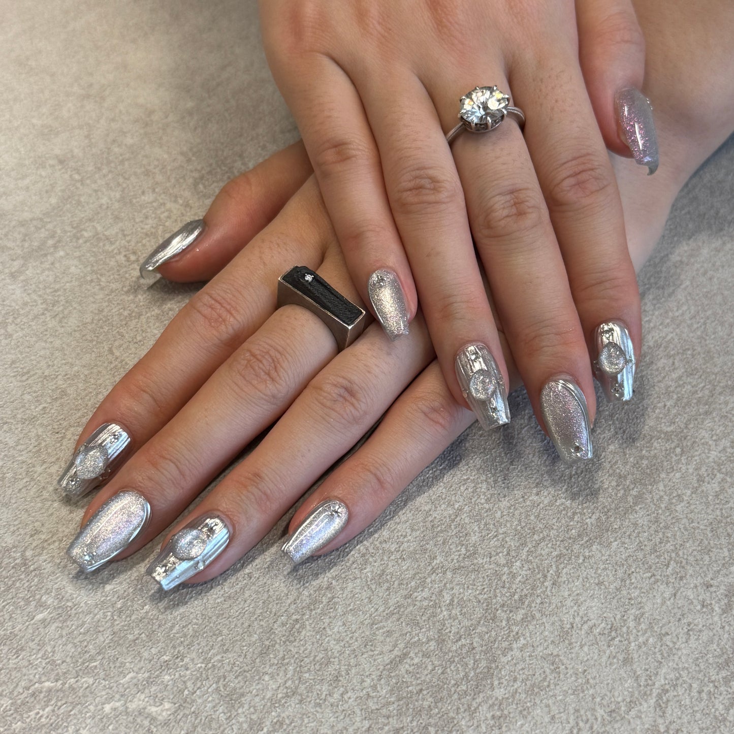 Silver Holographic Gem Nails | Short Coffin Press-On Nails with Crystal Stone & Metallic Details