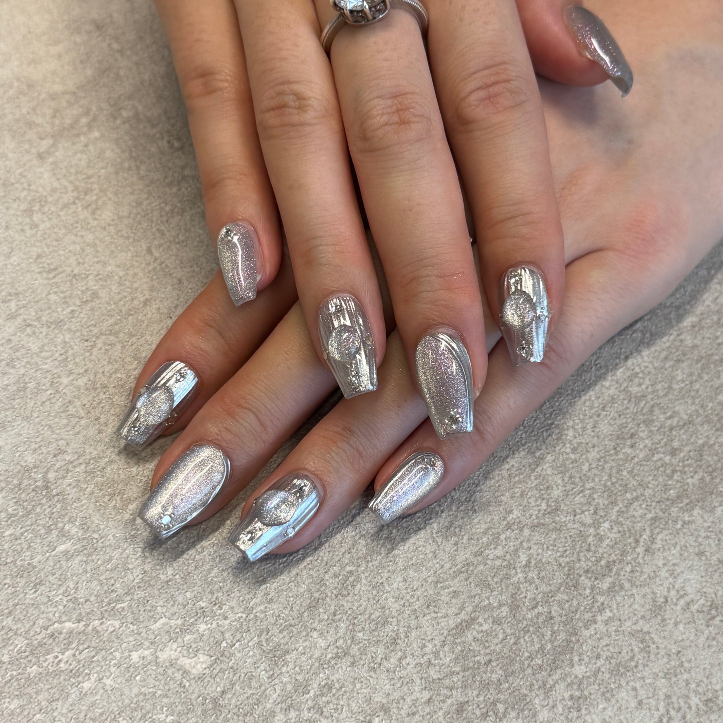 Silver Holographic Gem Nails | Short Coffin Press-On Nails with Crystal Stone & Metallic Details