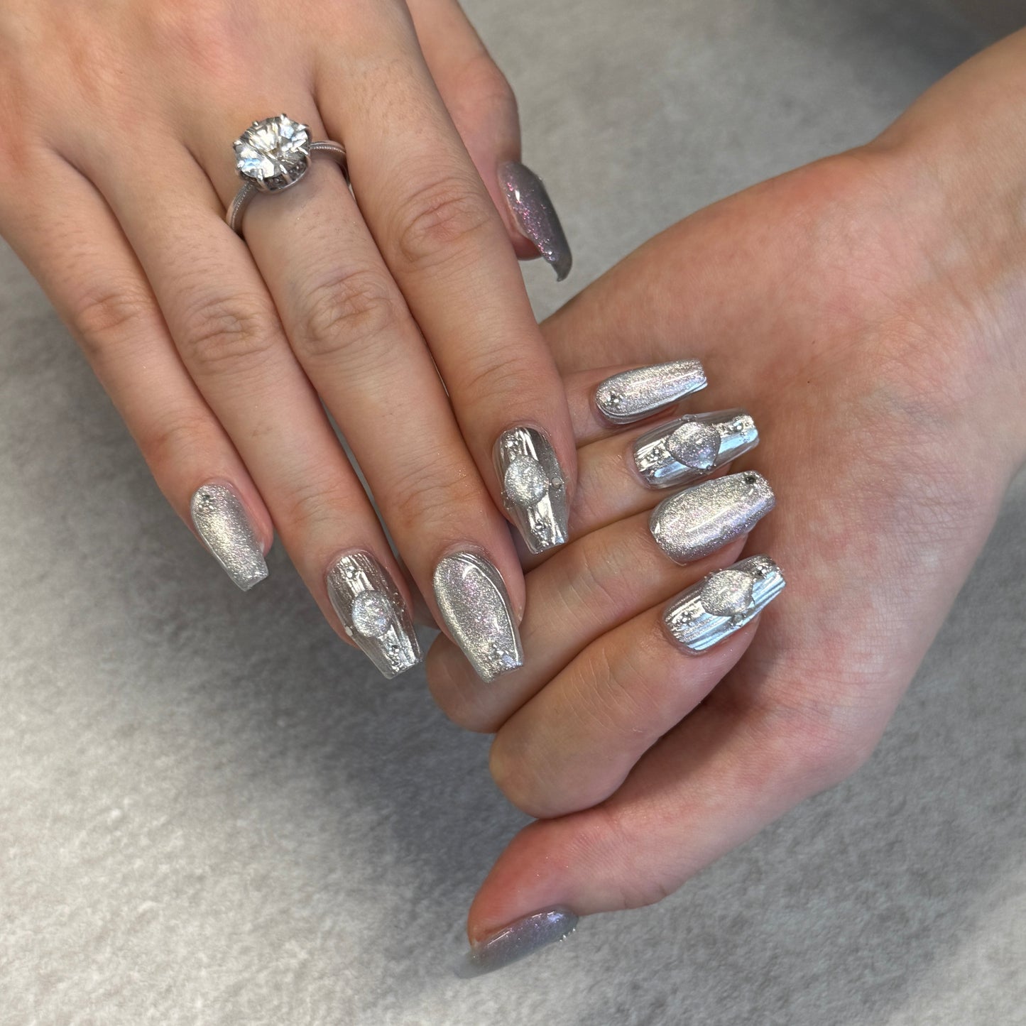 Silver Holographic Gem Nails | Short Coffin Press-On Nails with Crystal Stone & Metallic Details